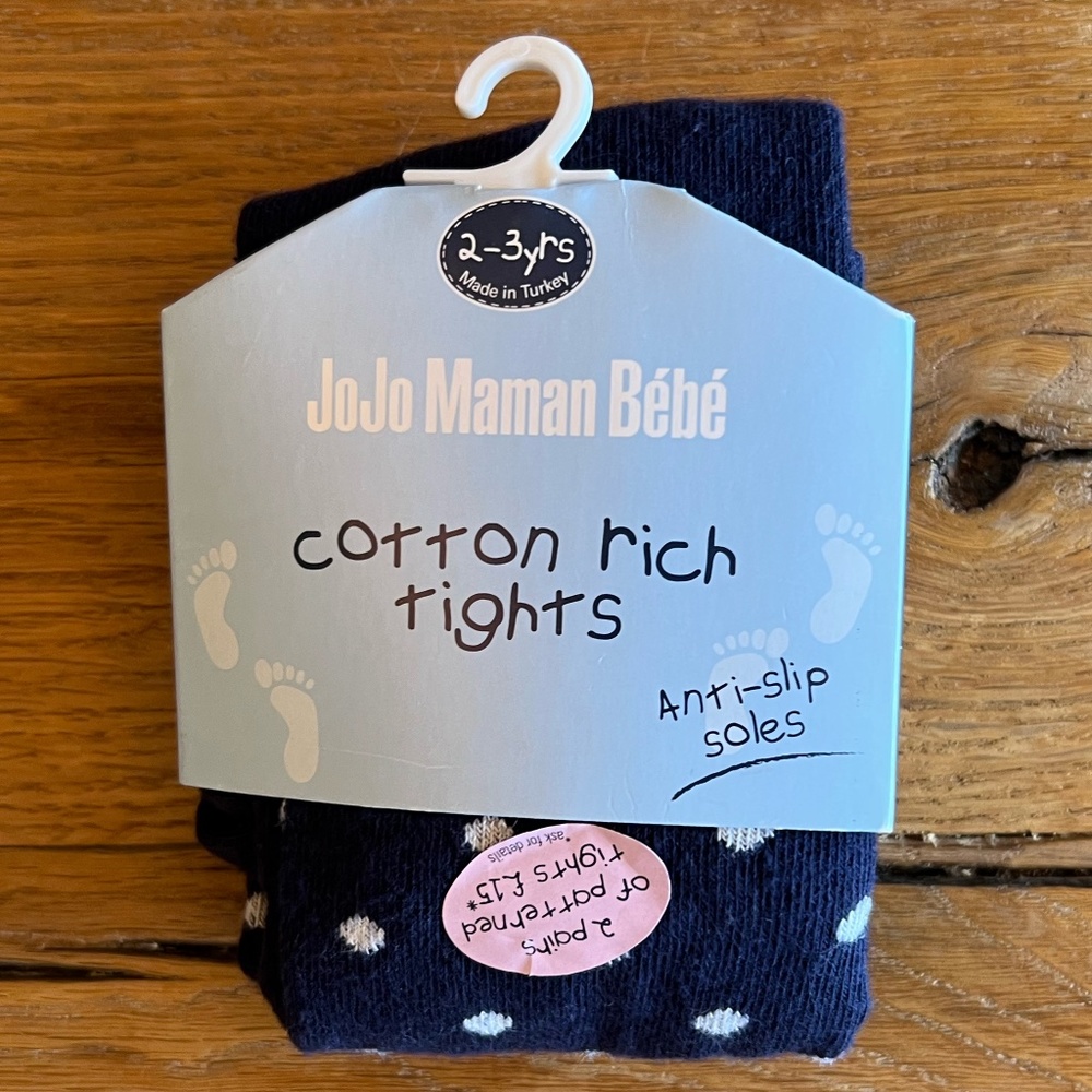 JoJo Maman Bebe. Size 2-3Y Navy with white dots tights.